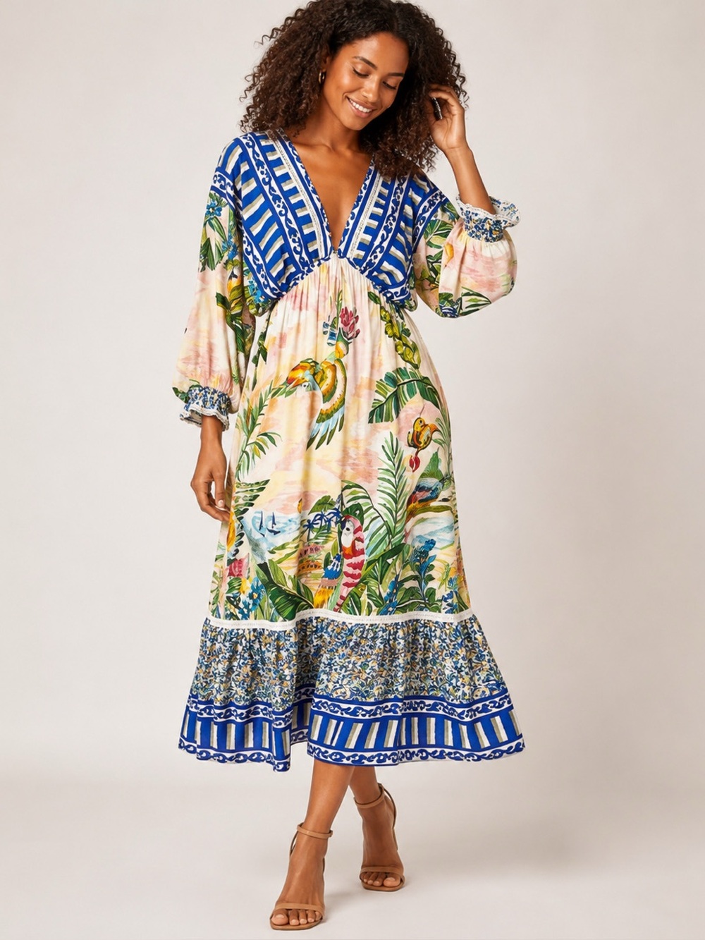 Farm Rio Anthropologie Macaw Flight Maxi Dress Sz S US 4 - Picture 2 of 10
